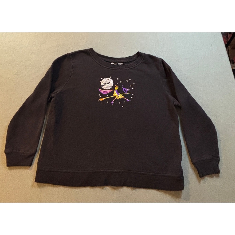 Holiday Editions Witch Halloween Sweatshirt Womens XL Black Embroidered Moon Cat